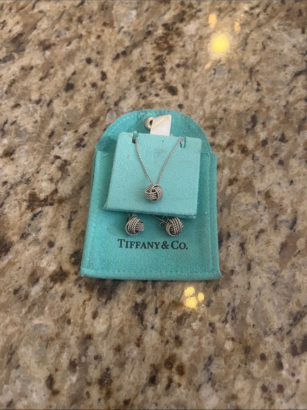 Tiffany & Co. Silver Rope Knot Necklace and Stud Earrings on Tiffany Blue Pouch
